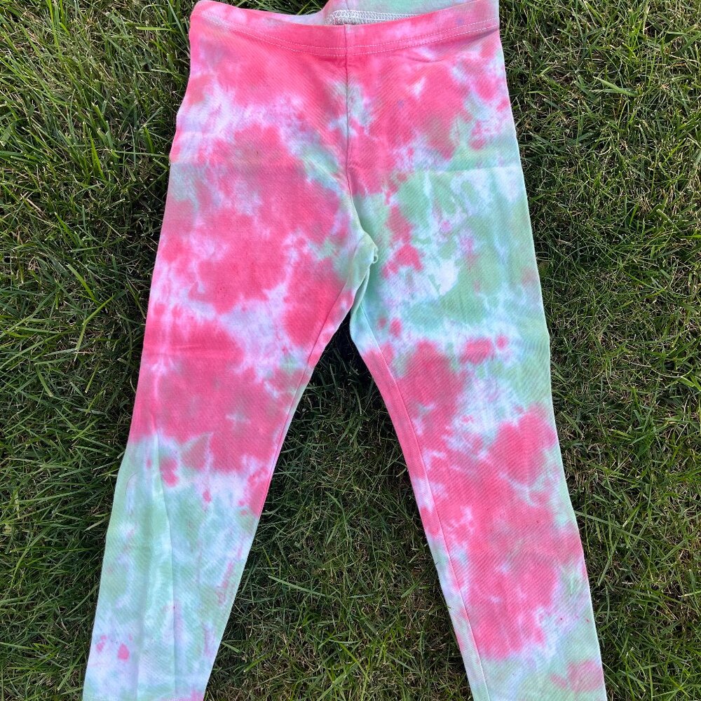 Child Youth 10-12 Red & Green Random Tie-Dye Leggings